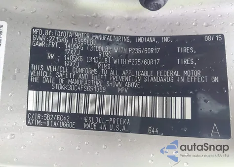 2015 Toyota Sienna Le 8 Passenger from USA, damaged, VIN 5TDKK3DC4FS651369